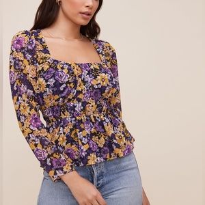 ASTR the Label Floral Cinched Waist Top Purple Yellow Black Tie Back Blouse
